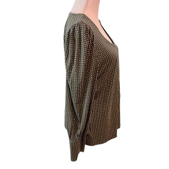 LOFT Outlet Olive Green and Cream Polka Dot Puff Sleeve Top Women’s Size Large - Picture 2 of 7